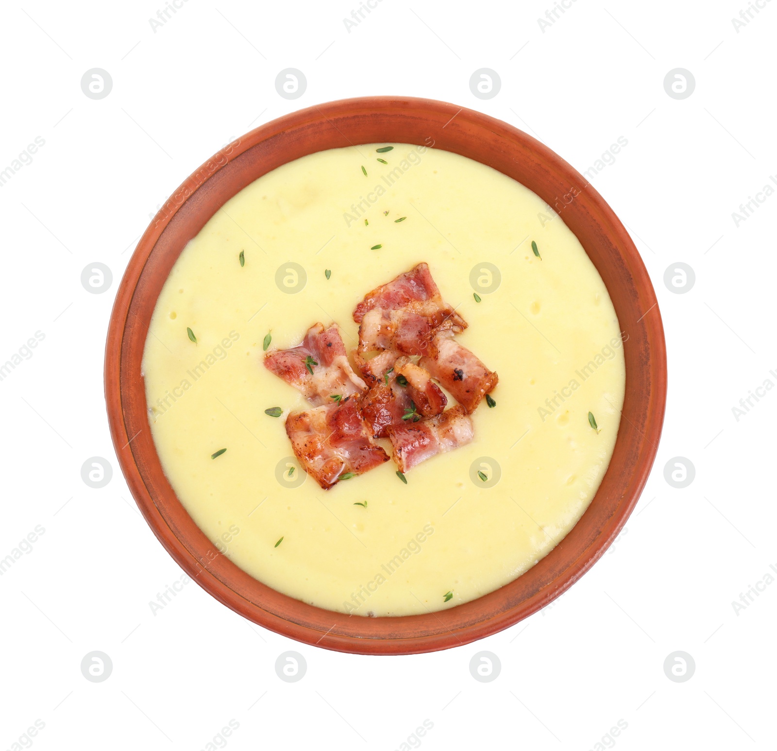 Photo of Tasty potato soup with bacon and rosemary in bowl isolated on white, top view