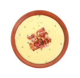 Photo of Tasty potato soup with bacon and rosemary in bowl isolated on white, top view