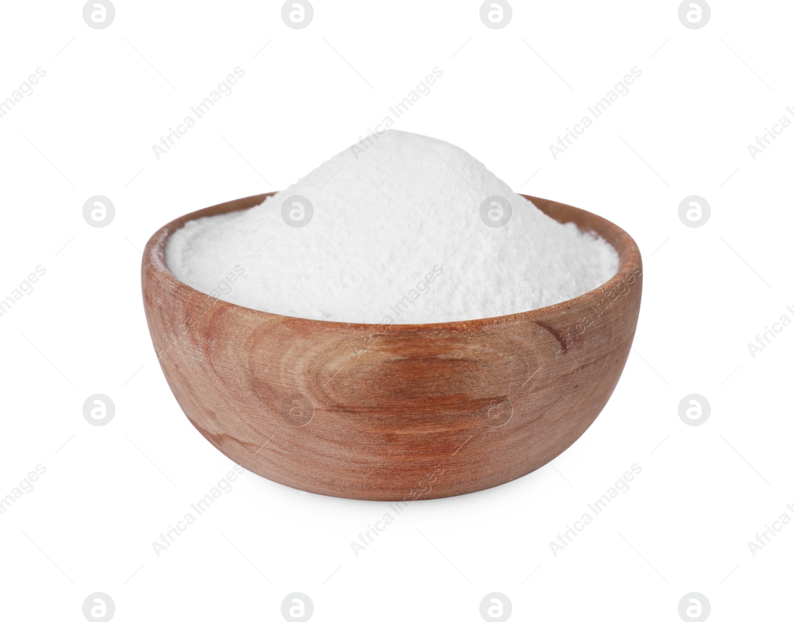 Photo of Wooden bowl of natural starch isolated on white