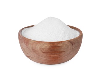 Photo of Wooden bowl of natural starch isolated on white