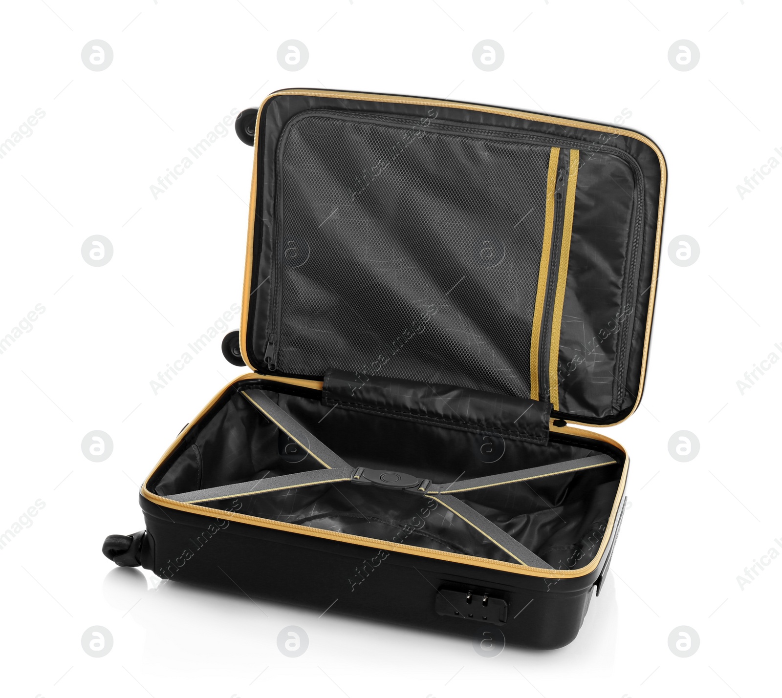 Photo of Open suitcase for travelling on white background