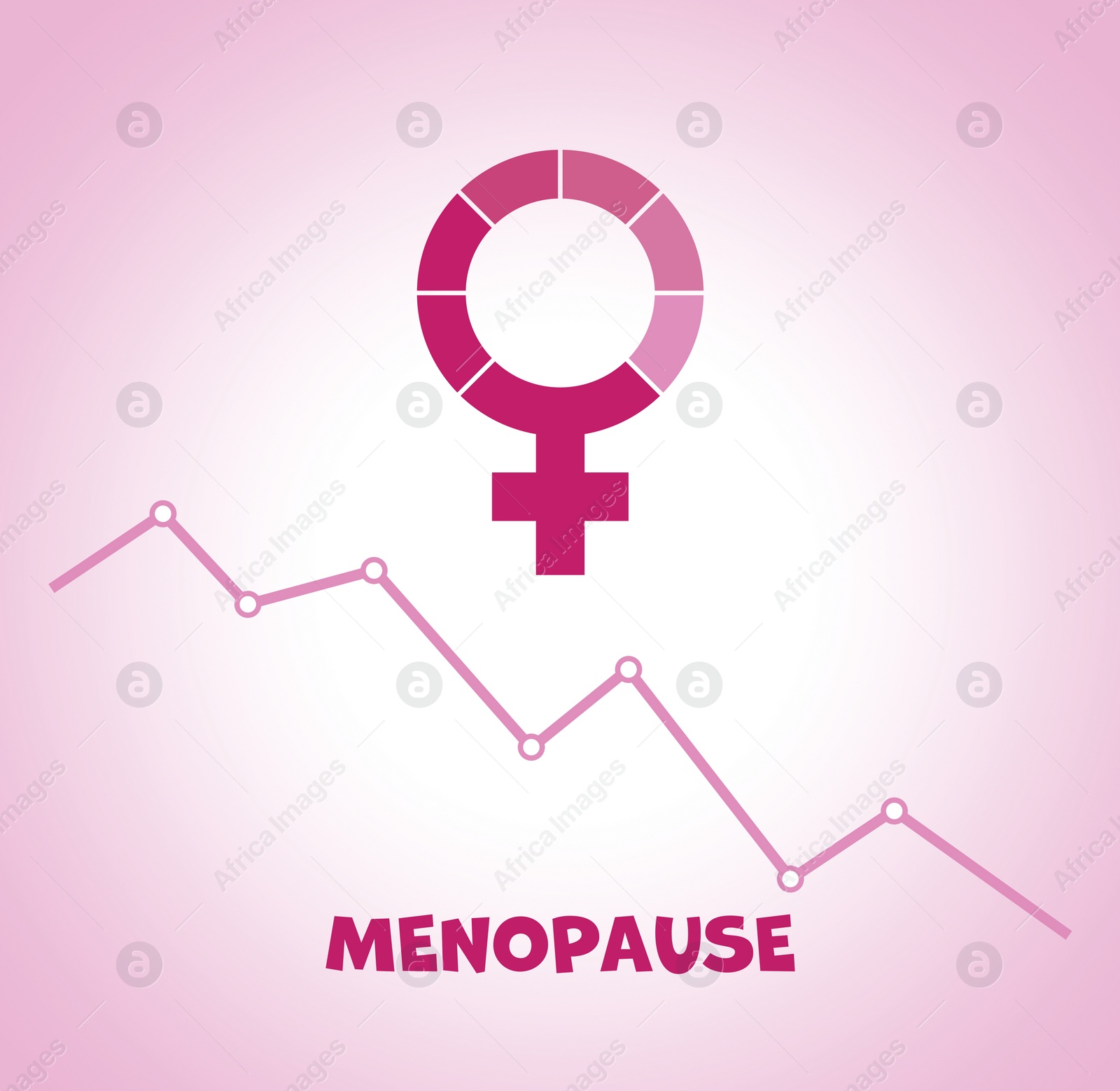 Illustration of Menstrual cycle. Word Menopause, female gender symbol and descending line graph on pink background