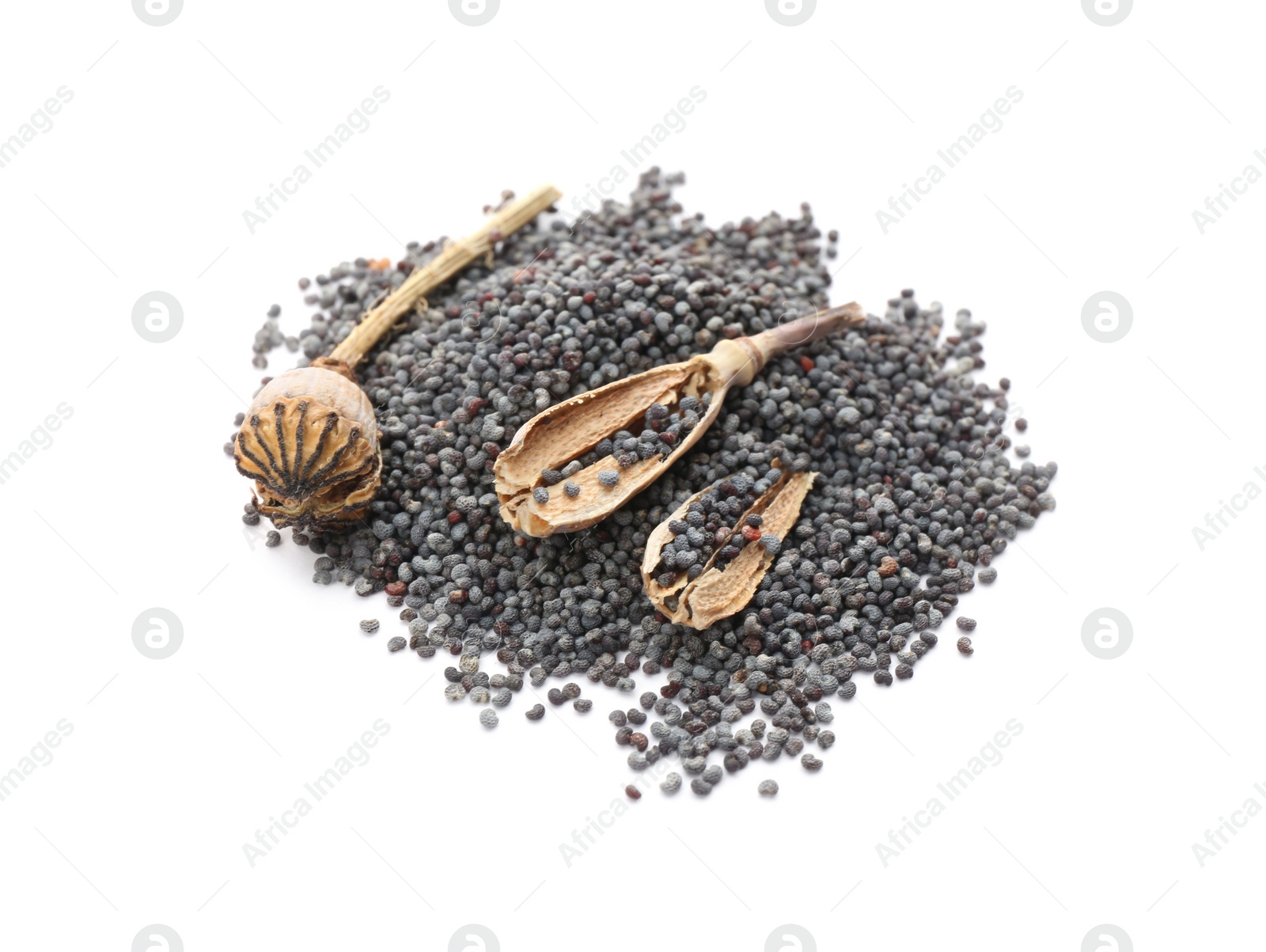 Photo of Dried poppyheads and seeds on white background