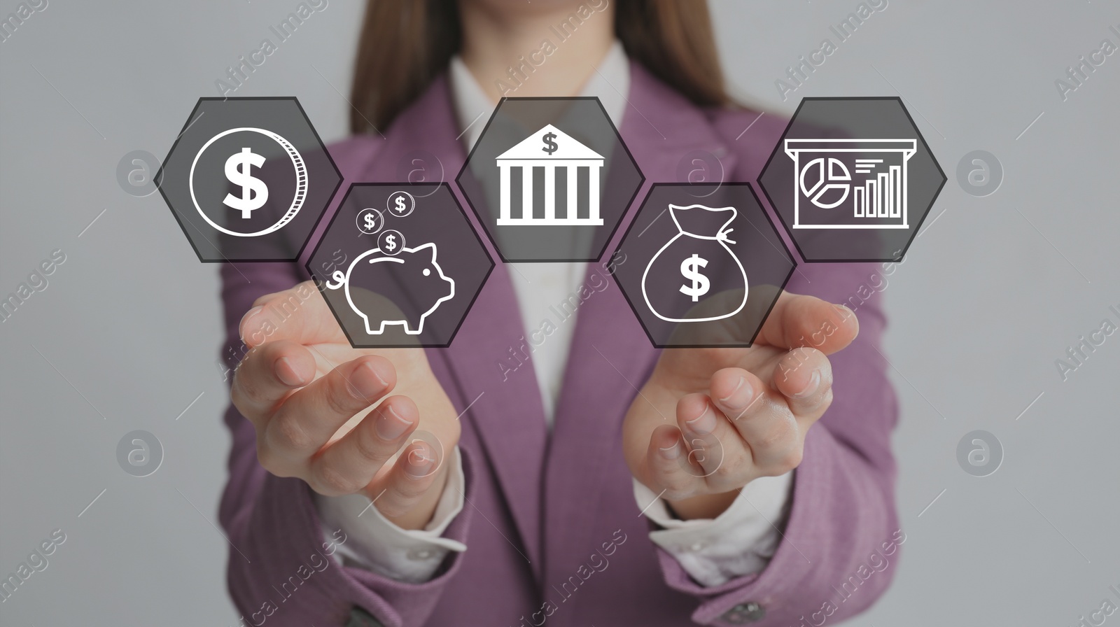 Image of Fintech concept. Woman demonstrating different icons on grey background