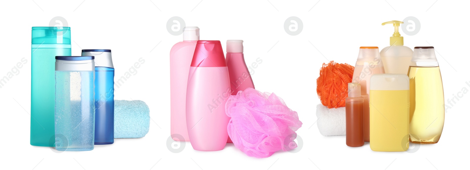 Image of Set with different shower gels on white background. Banner design