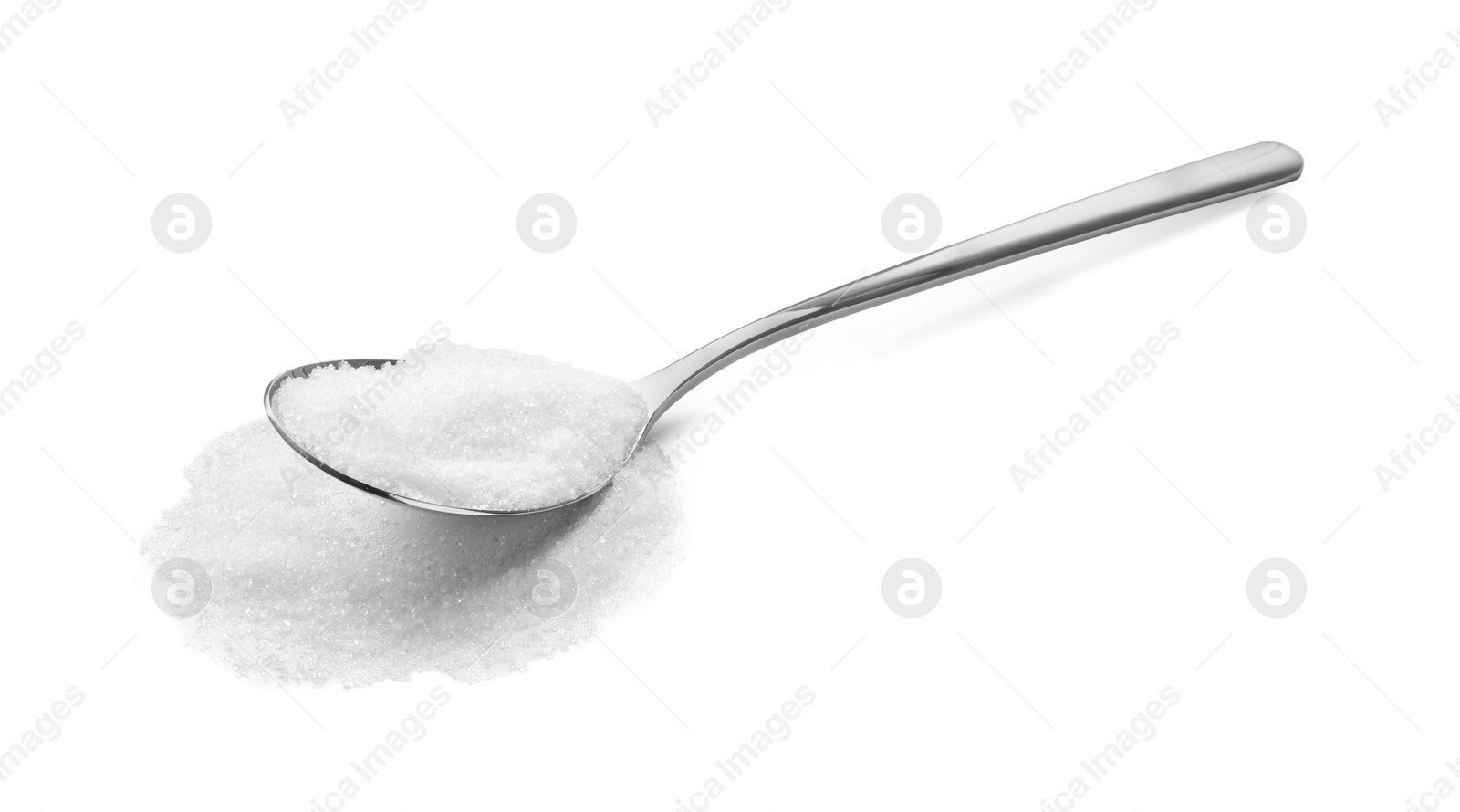 Photo of Spoon with granulated sugar isolated on white