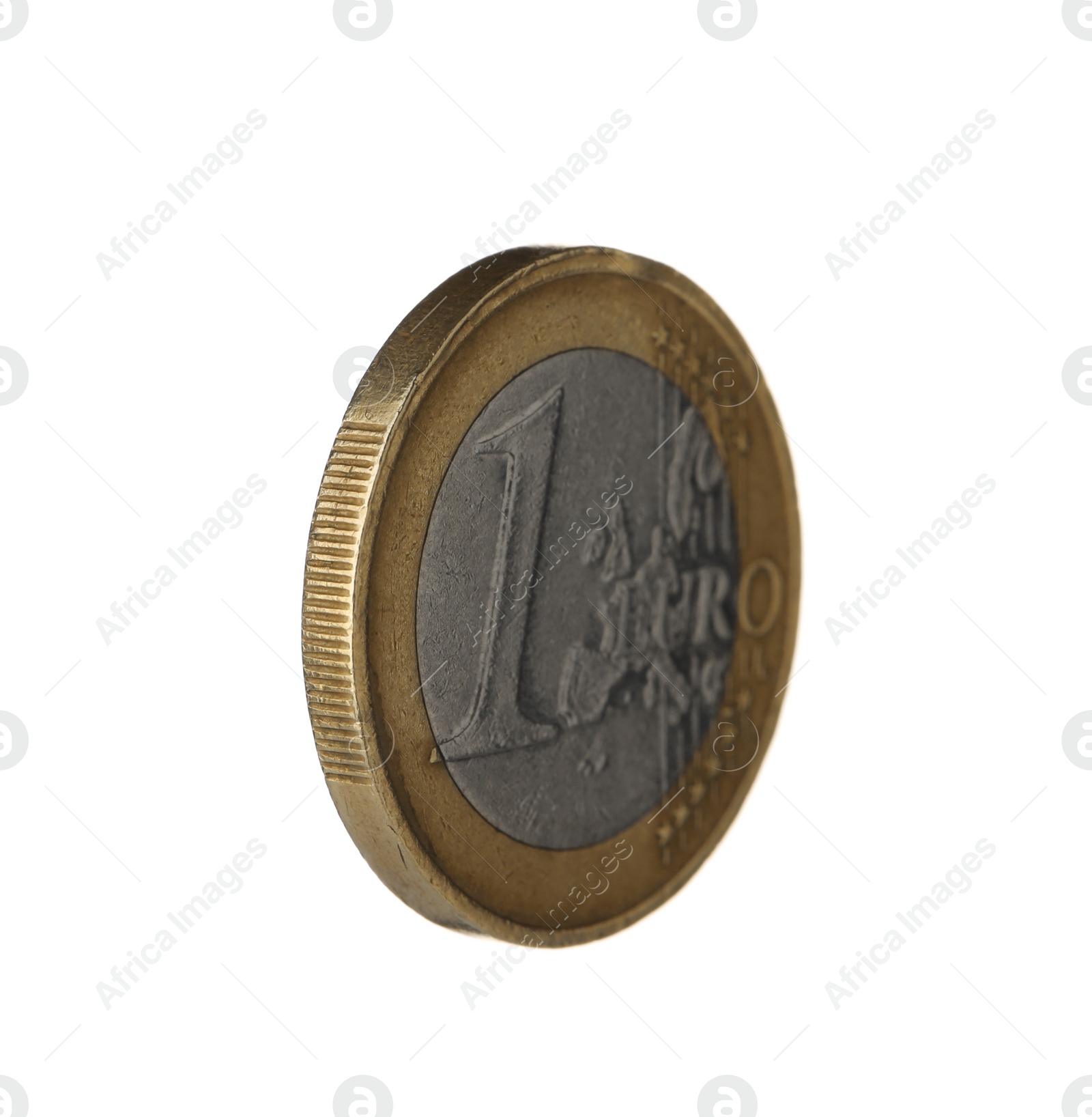 Photo of Shiny one euro coin on white background