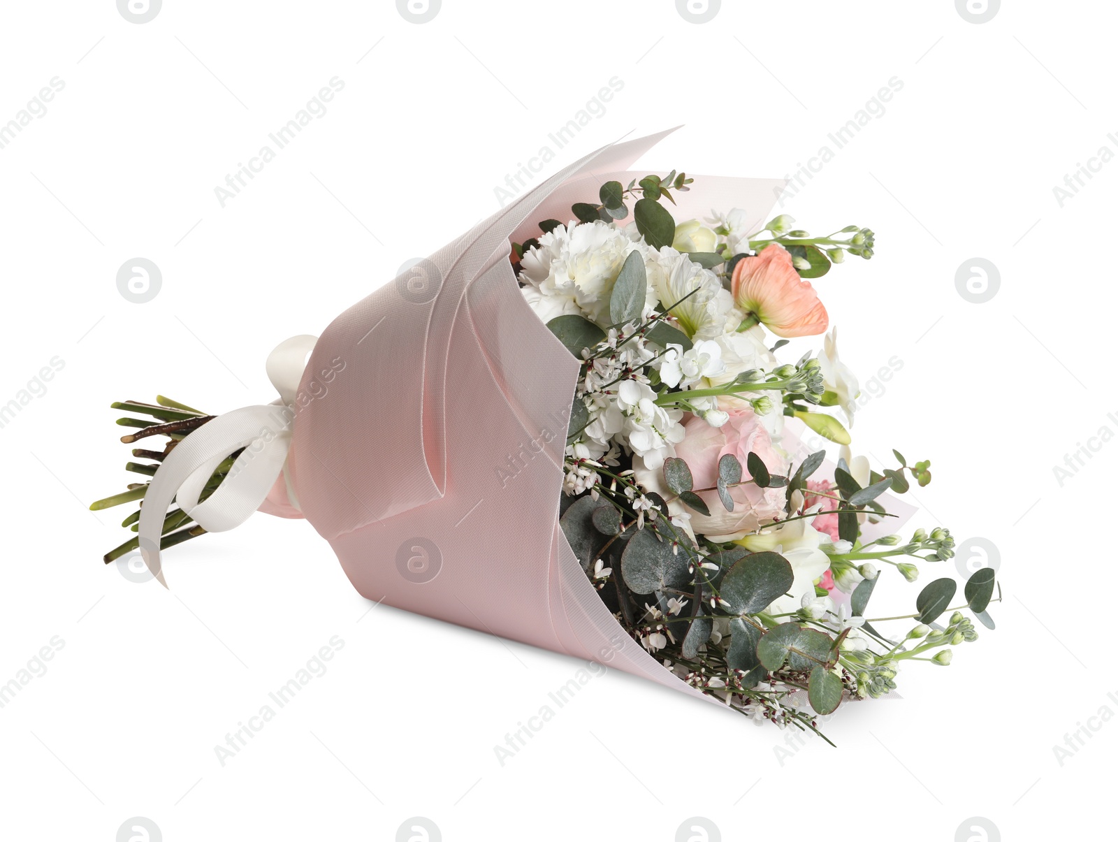 Photo of Bouquet of beautiful flowers on white background