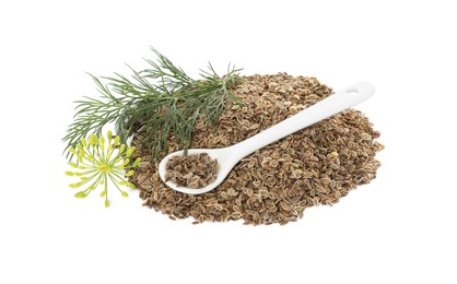 Photo of Pile of dry seeds, fresh dill and spoon isolated on white