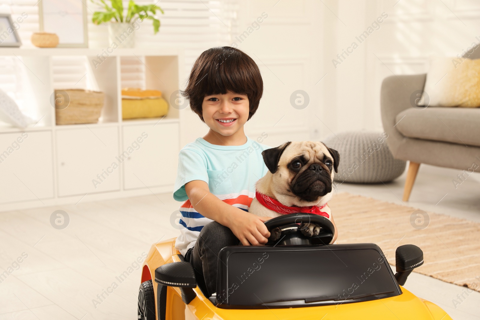 Photo of Little boy with his dog in toy car at home