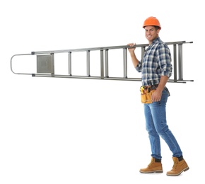 Photo of Professional builder carrying metal ladder on white background
