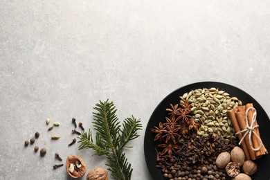 Photo of Different spices, nuts and fir branches on light gray textured table, flat lay. Space for text