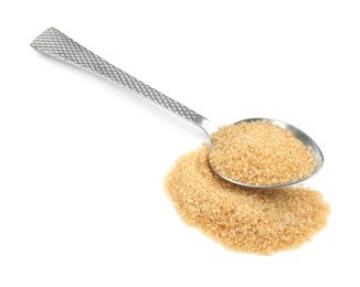 Photo of Pile of brown sugar and spoon isolated on white