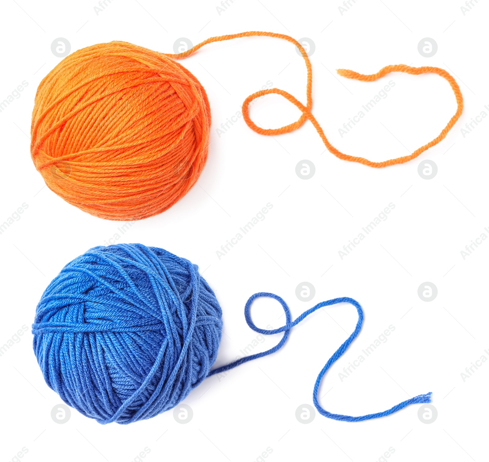 Image of Orange and blue woolen yarns on white background 