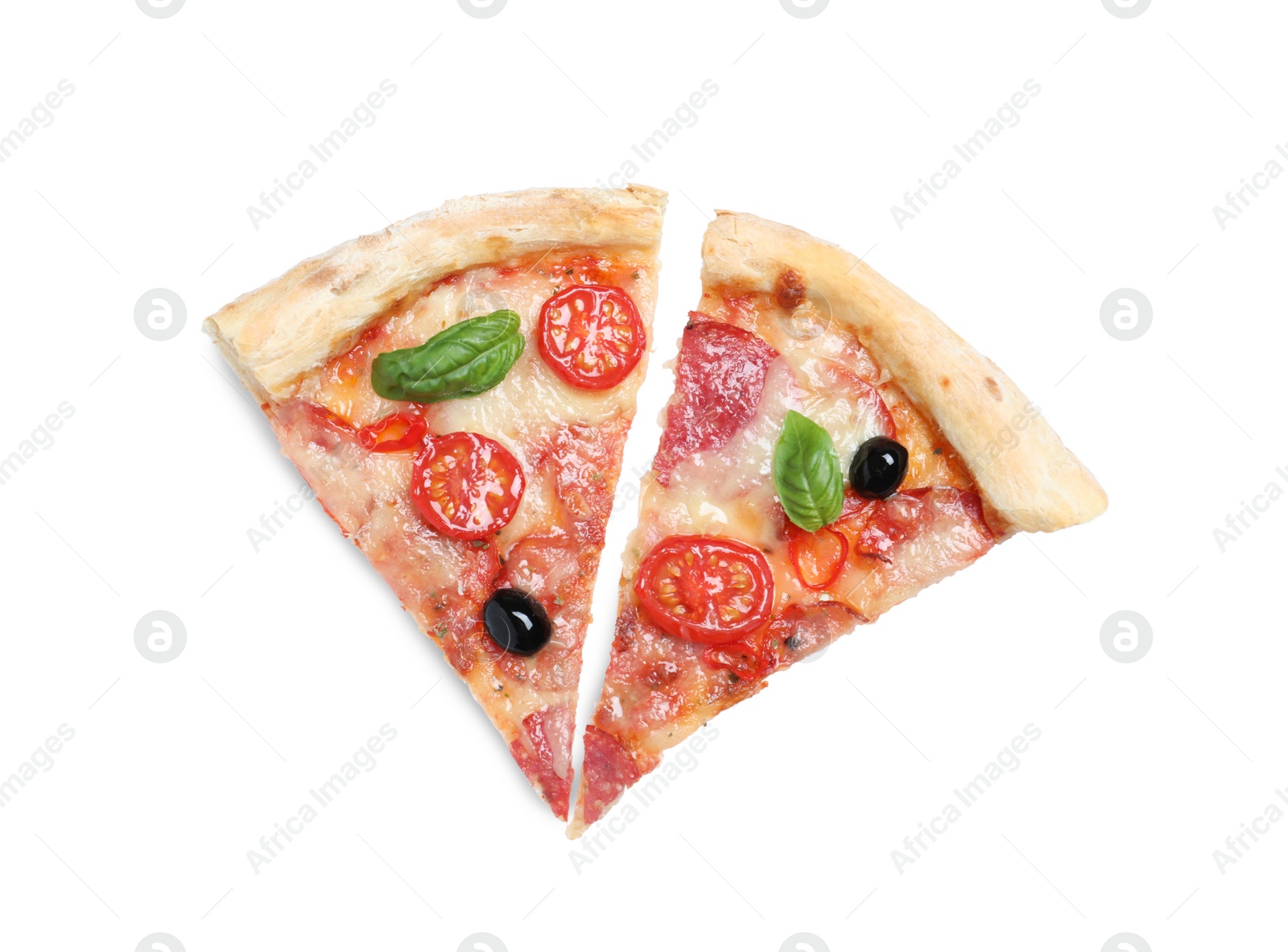 Photo of Slices of delicious pizza Diablo isolated on white, top view