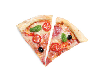 Photo of Slices of delicious pizza Diablo isolated on white, top view