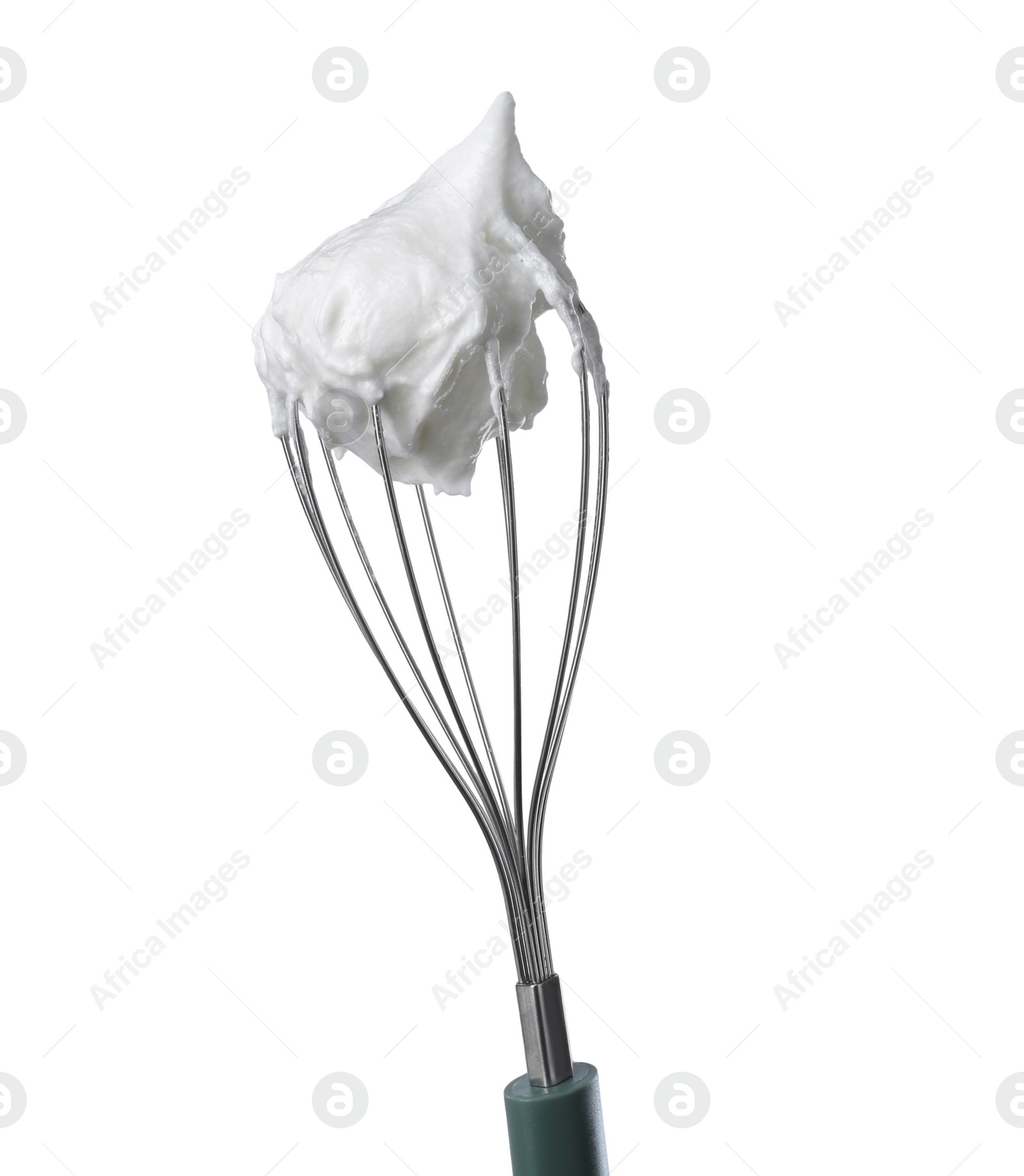 Photo of Whisk with whipped egg whites isolated on white