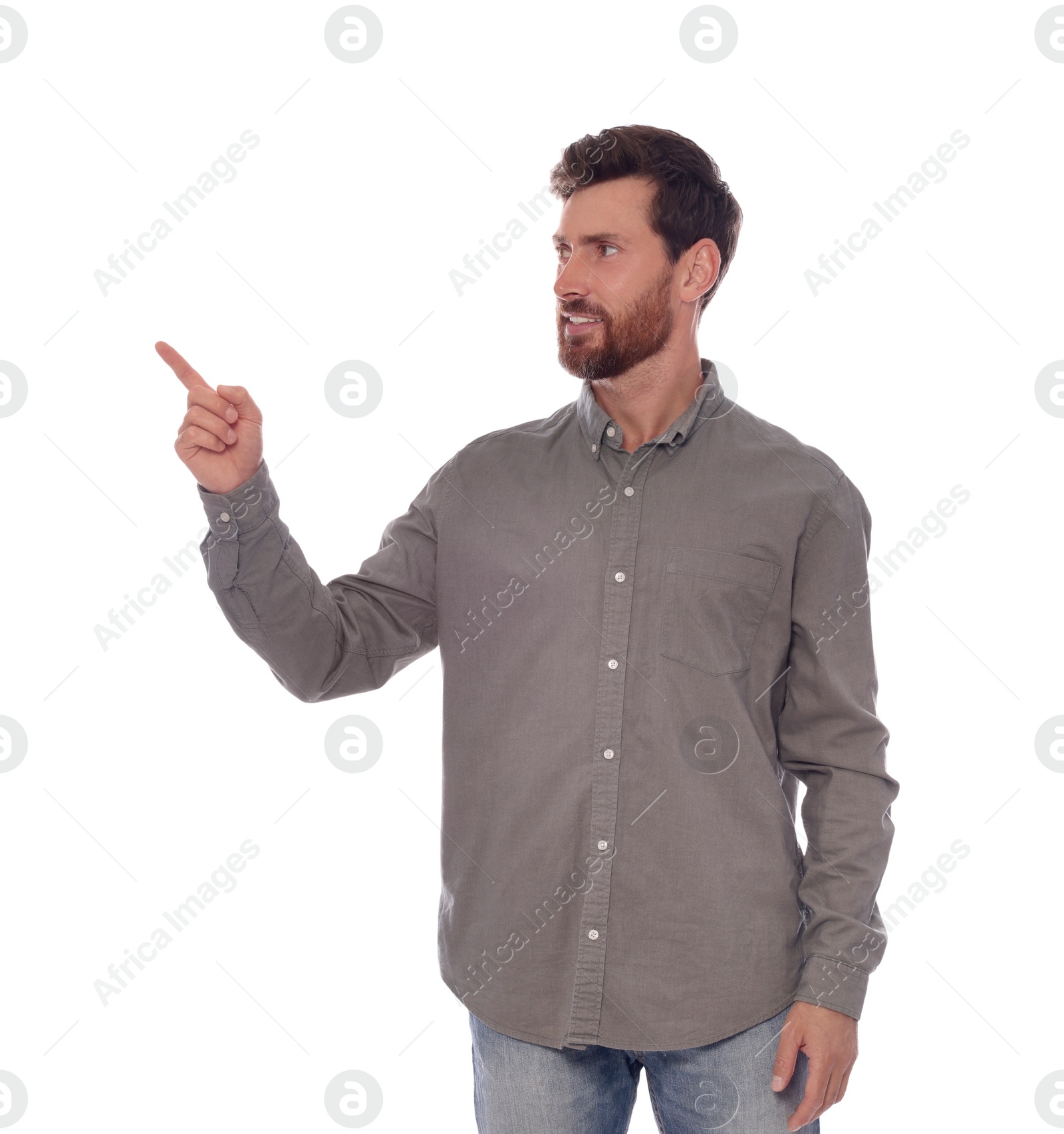 Photo of Handsome man gesturing on white background. Weather forecast reporter