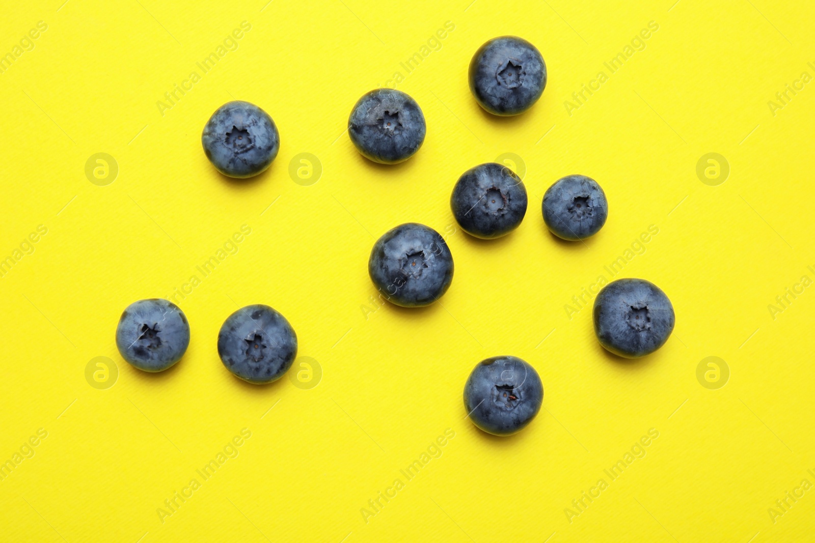 Photo of Flat lay composition with tasty blueberry on color background