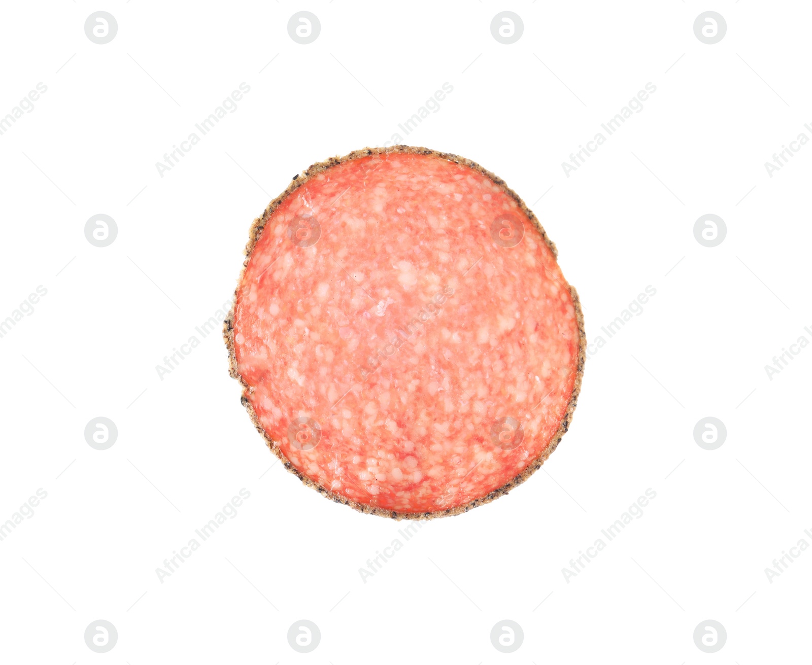 Photo of Slice of delicious smoked sausage isolated on white