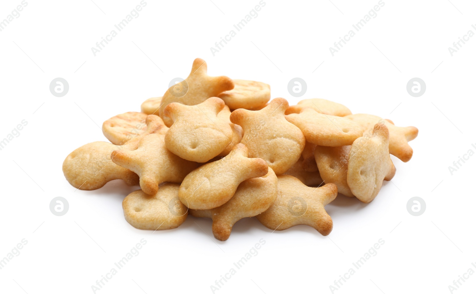 Photo of Delicious crispy goldfish crackers on white background