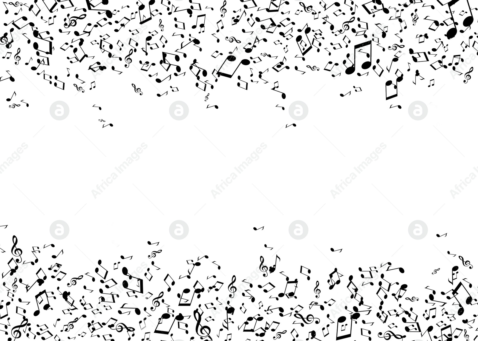 Illustration of Many music notes and treble clefs flying on white background