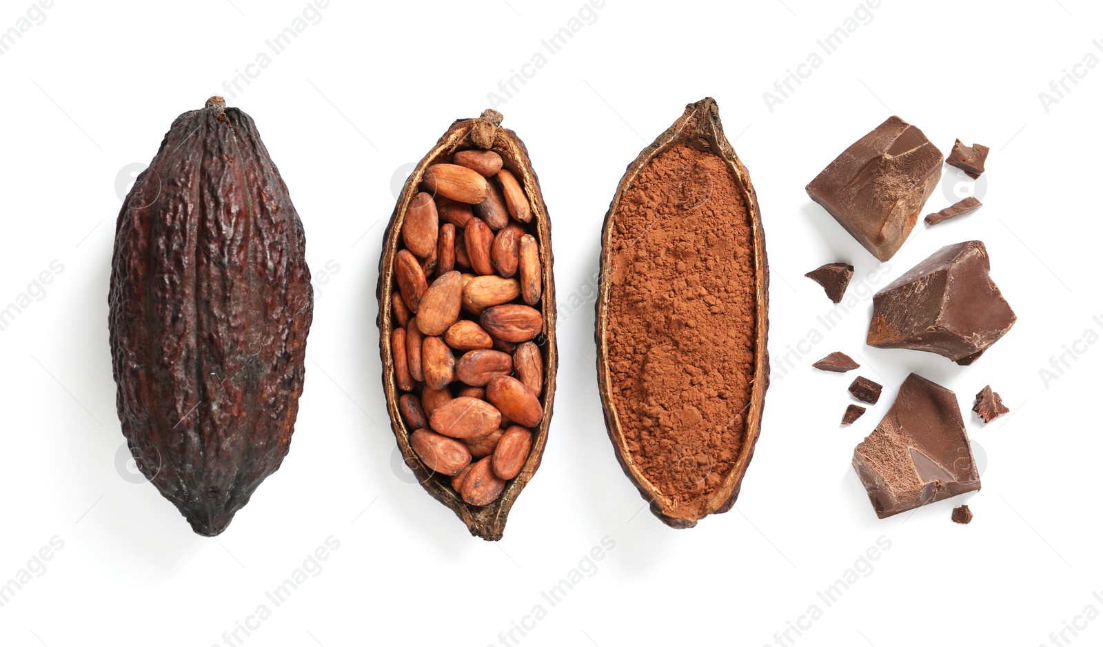 Photo of Composition with cocoa products on white background, top view