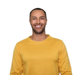 Portrait of smiling African American man on white background
