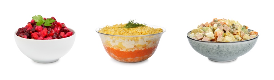 Image of Set of traditional russian salads on white background. Banner design