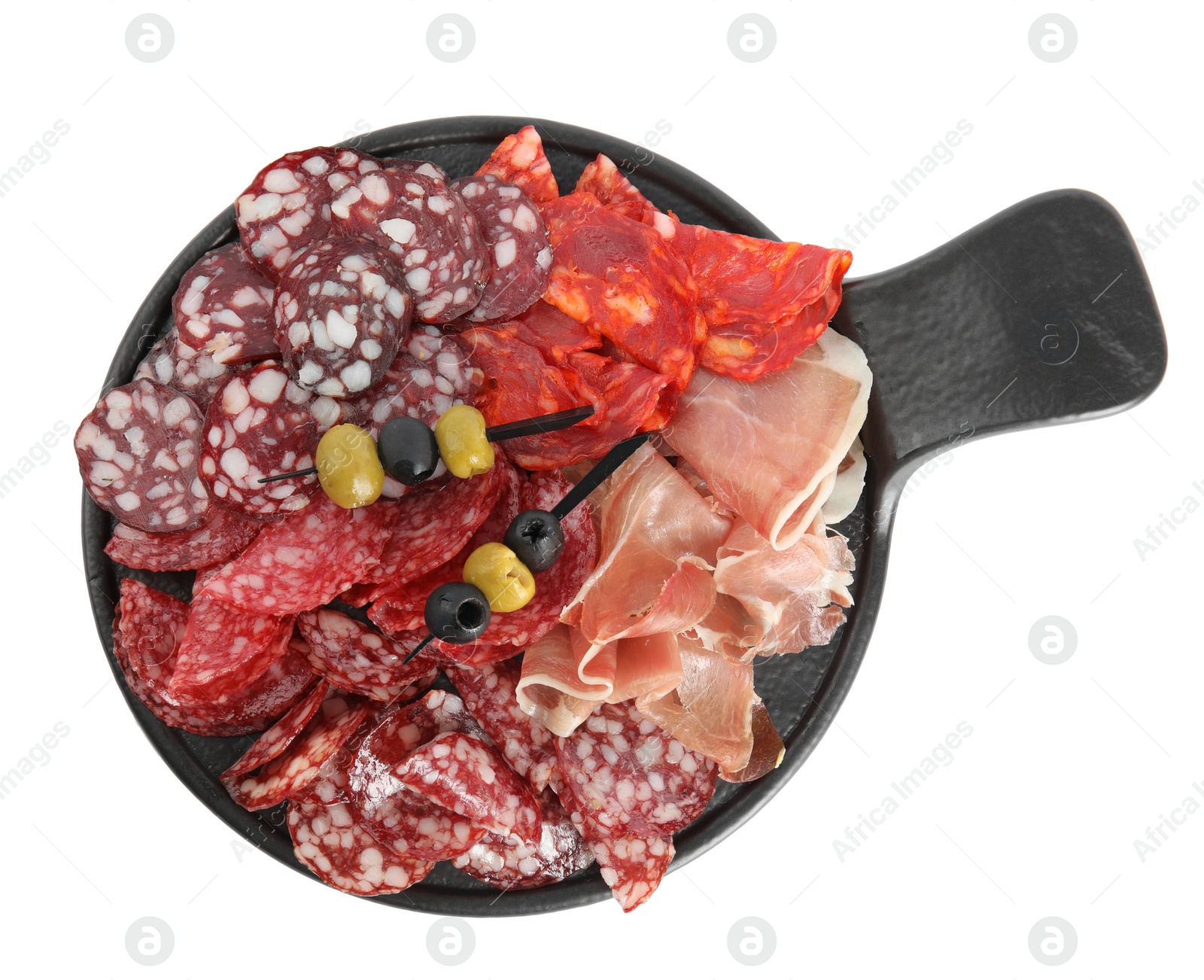 Photo of Slate plate with prosciutto and other delicacies isolated on white, top view