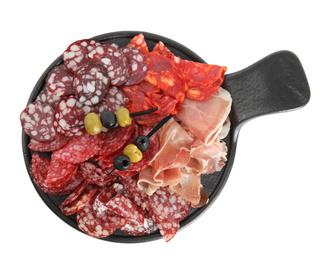 Photo of Slate plate with prosciutto and other delicacies isolated on white, top view