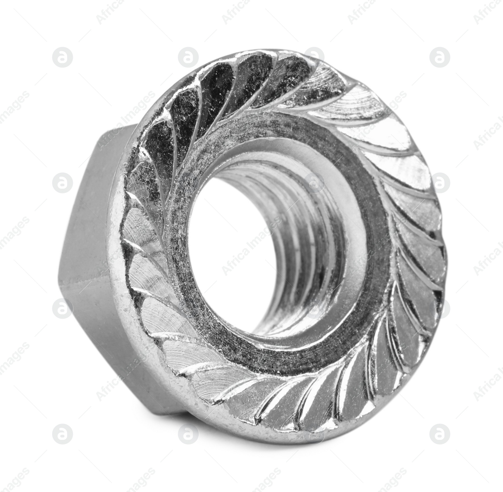 Photo of One metal flange nut on white background