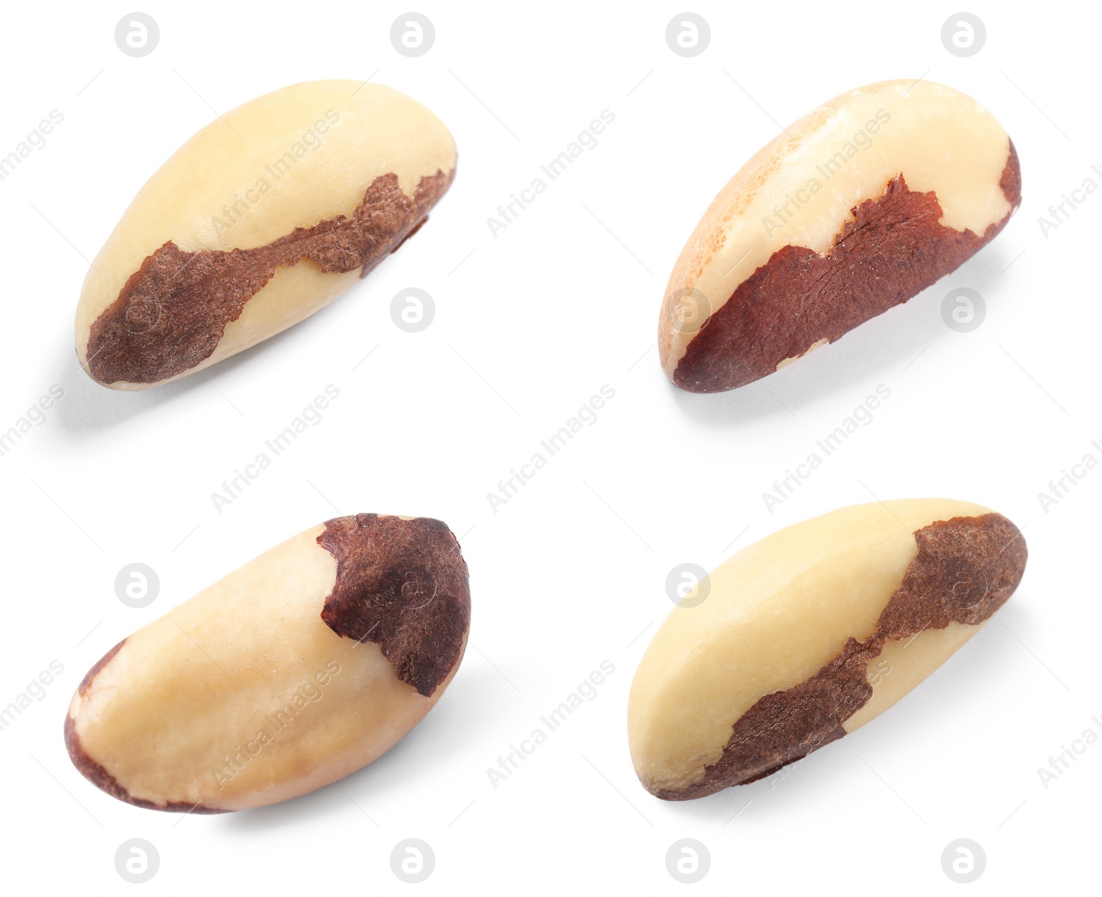 Image of Set with tasty Brazil nuts on white background