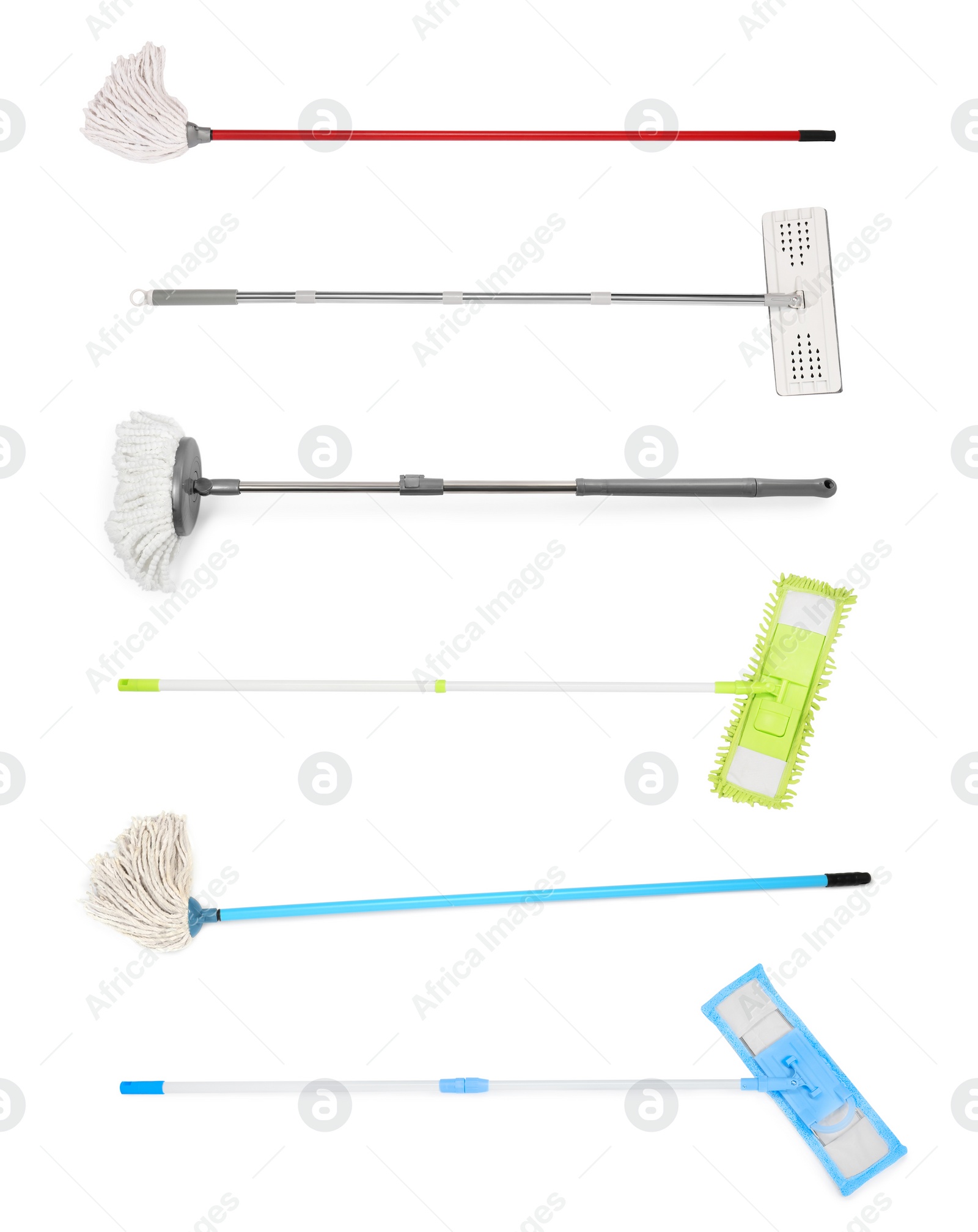 Image of Set of different mops on white background, top view