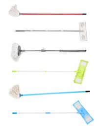 Image of Set of different mops on white background, top view