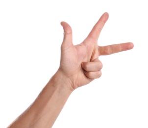 Man showing hand on white background, closeup