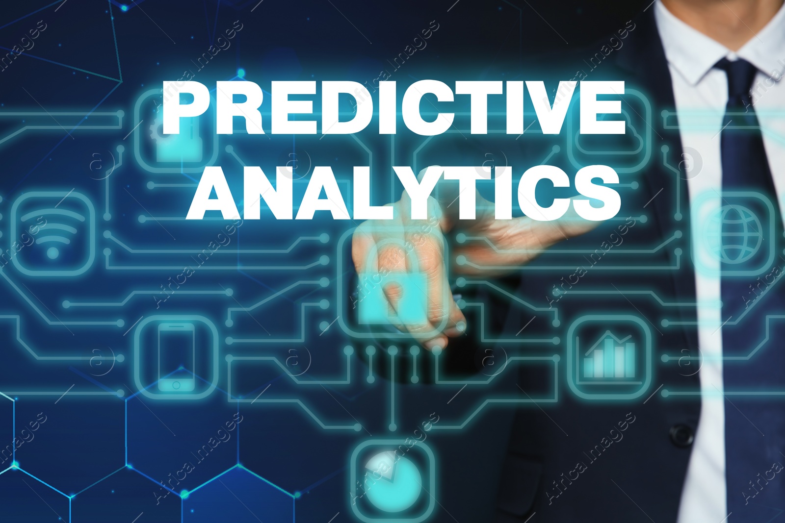 Image of Concept of predictive analytics. Businessman pointing at phrase on virtual screen, closeup