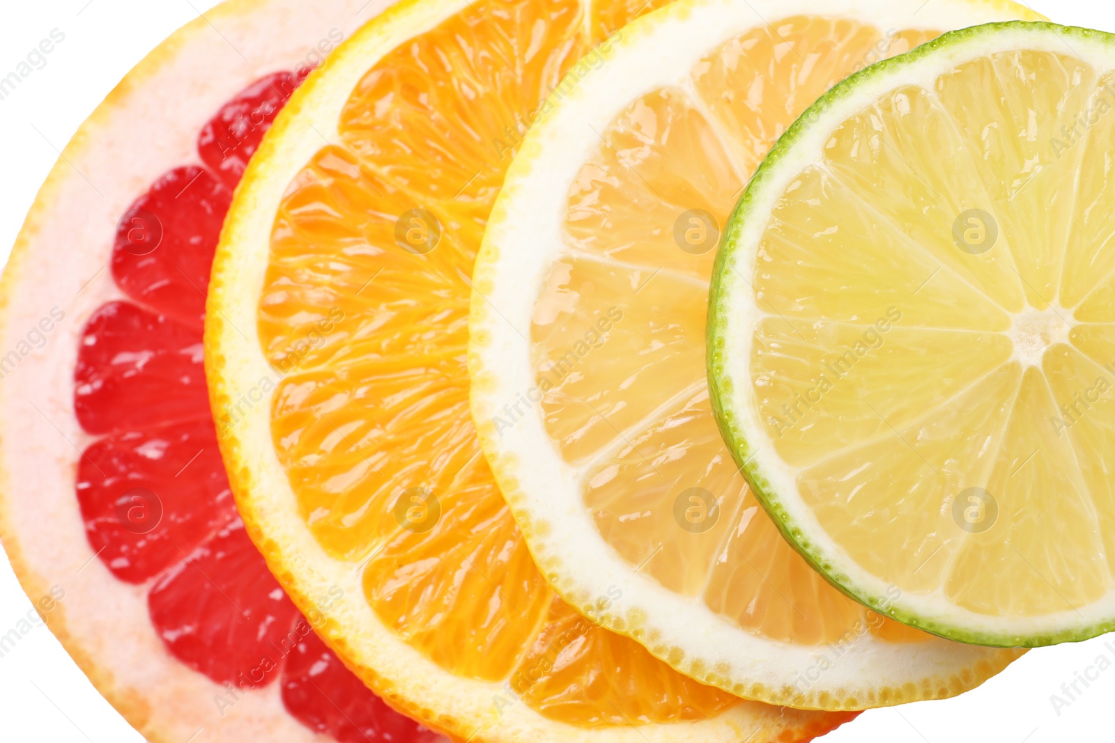 Photo of Slices of fresh ripe citrus fruits as background, top view