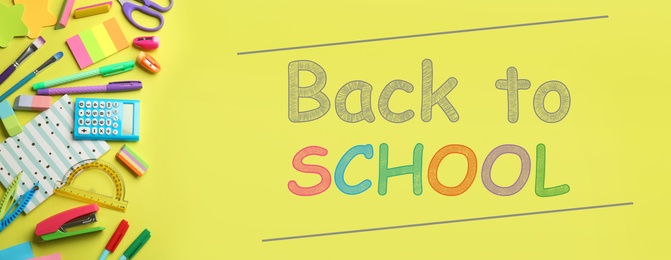 Text Back To School and different stationery on yellow background, flat lay. Banner design 