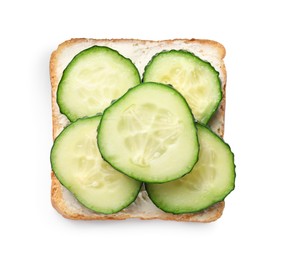 Photo of Tasty toast with cucumber and butter isolated on white, top view