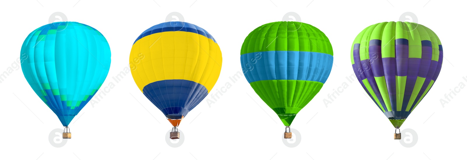 Image of Bright hot-air balloons on white background, set