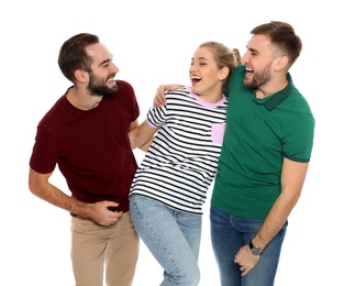 Portrait of young people laughing on white background