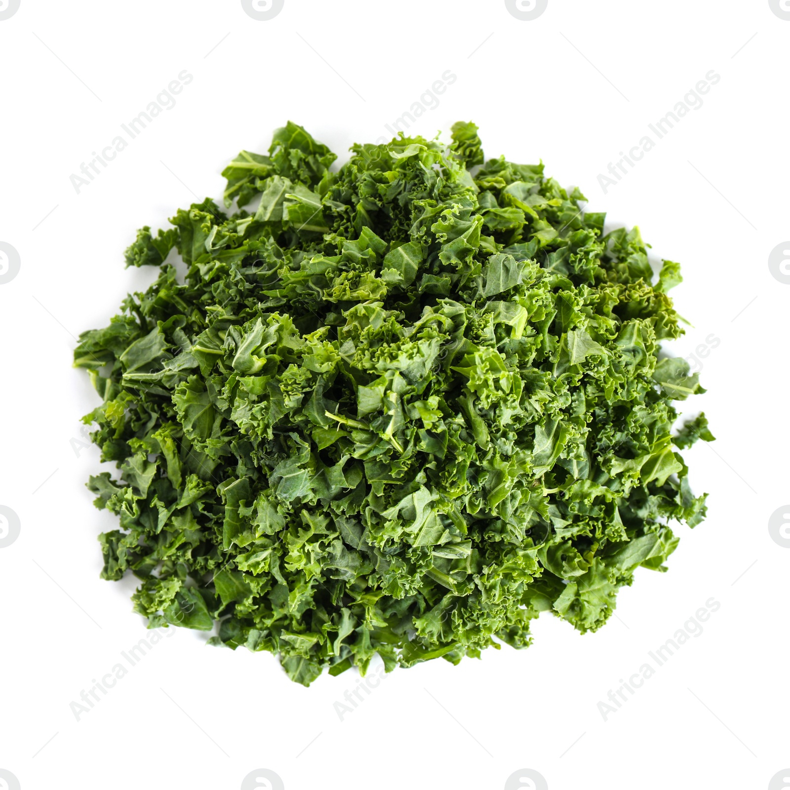 Photo of Fresh green kale leaves isolated on white, top view