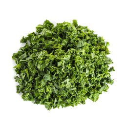 Photo of Fresh green kale leaves isolated on white, top view