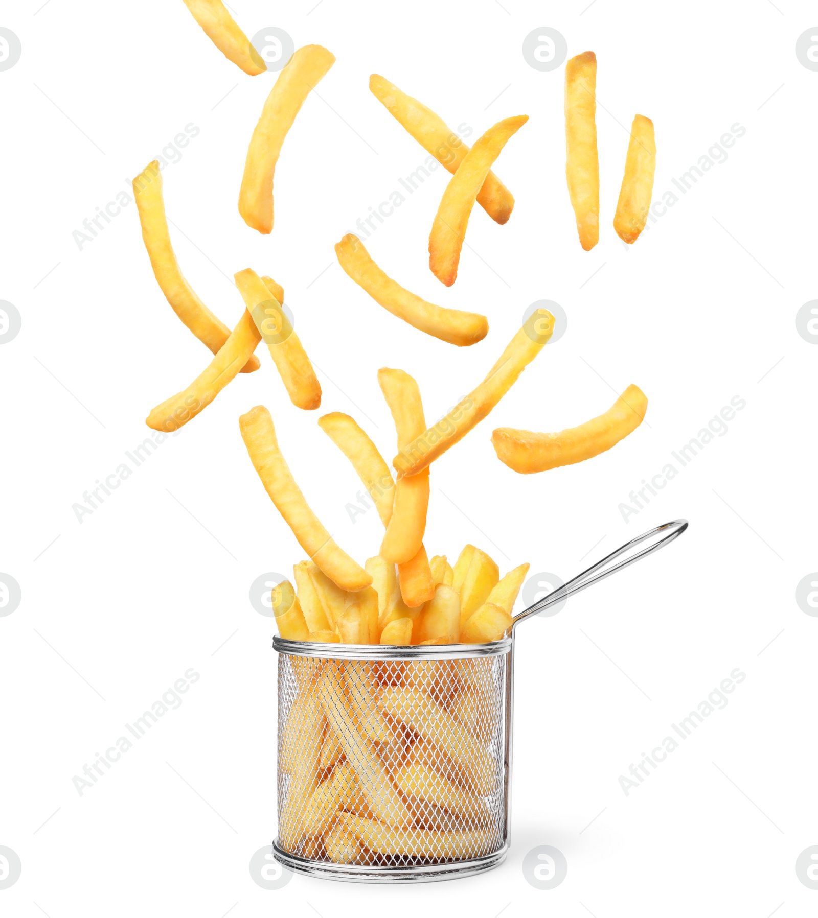 Image of Tasty French fries falling into metal basket on white background