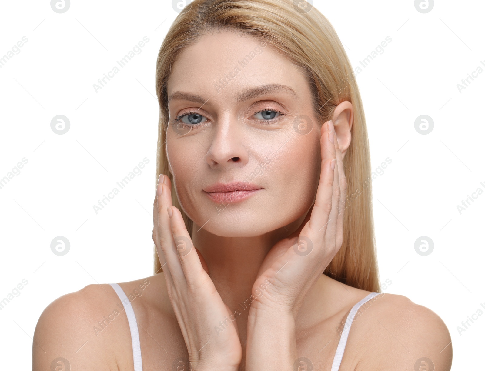 Photo of Beautiful woman with healthy skin on white background