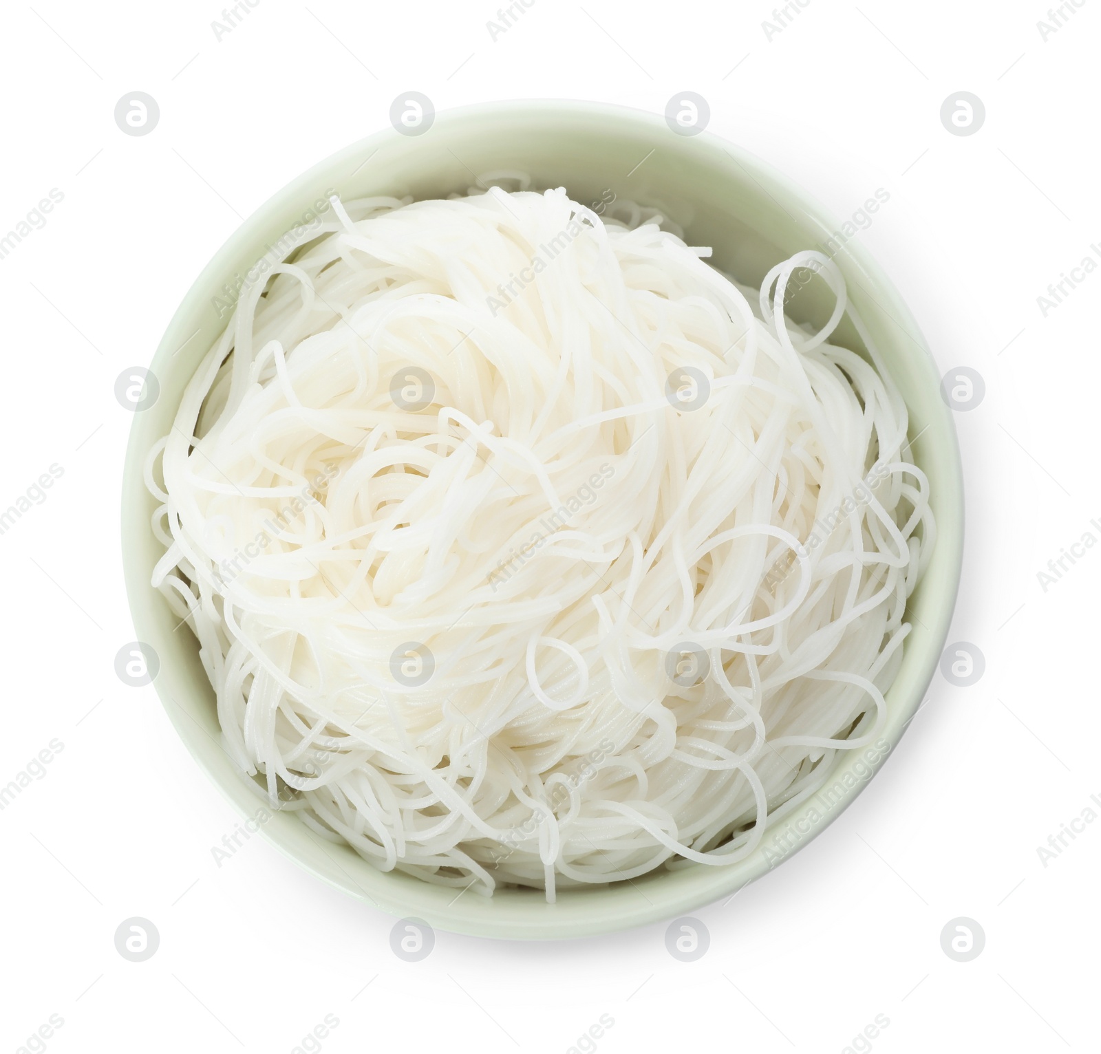 Photo of Bowl with rice noodles isolated on white, top view