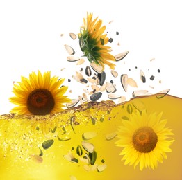 Image of Sunflowers and seeds falling into cooking oil on white background