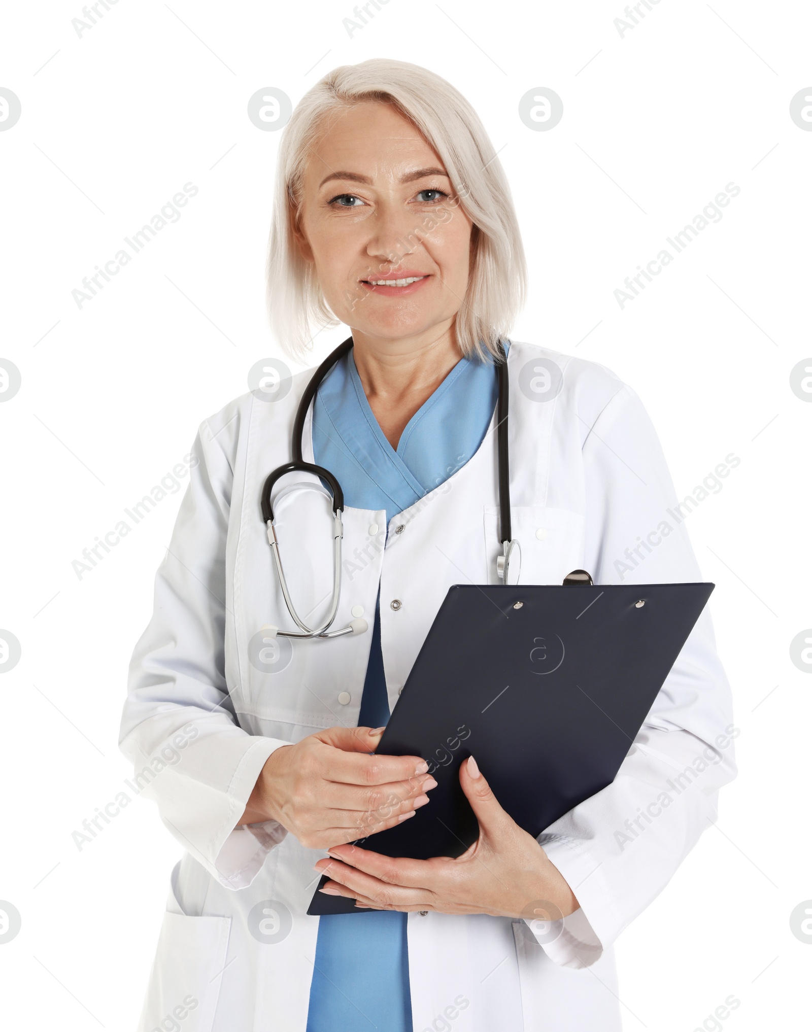 Photo of Portrait of female doctor with clipboard isolated on white. Medical staff
