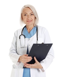 Photo of Portrait of female doctor with clipboard isolated on white. Medical staff